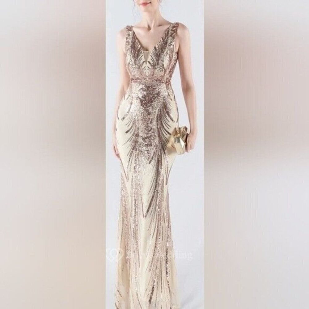 Gold, Double V, Beaded Back,  Draped Skirt,  Contrast Sequined Mermaid Gown - Picture 7 of 13